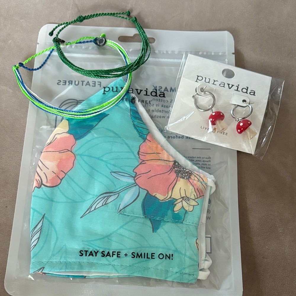 Pura Vida Bundle - Floral Mask, Mushroom Earring + Bracelet Set Blue + Green